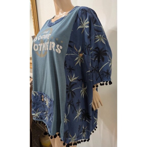 Upcycled Doobie Brothers Kaftan Top Ponch Top Graphic Boho Hippie One Size Blue - Picture 7 of 8